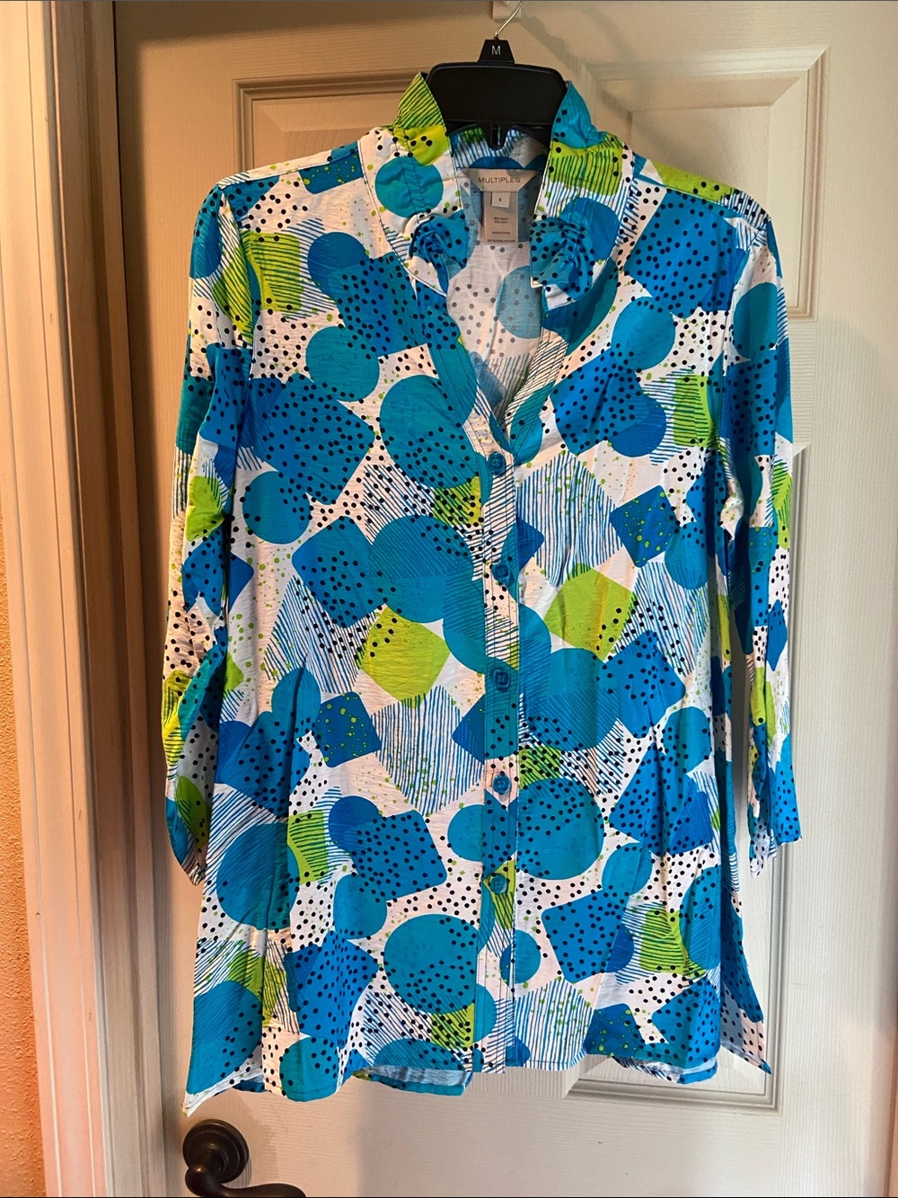 Multiples Blue & Lime Abstract Print Button-Front Blouse
